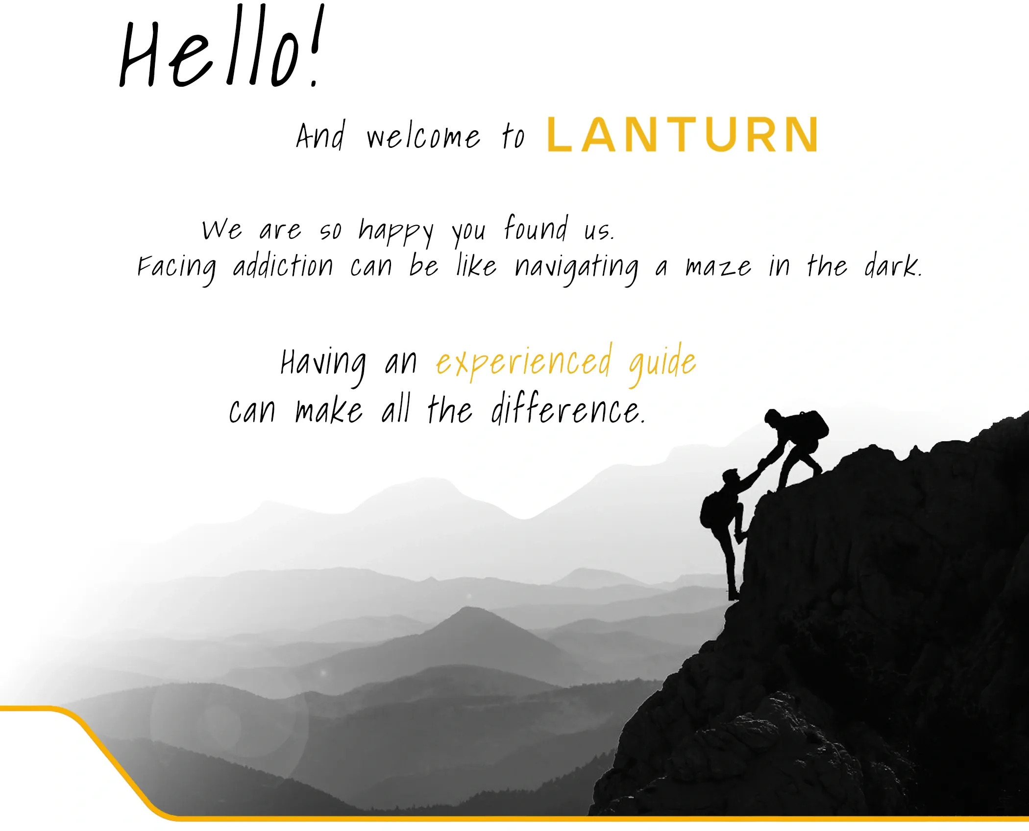 Silhouetted climbers on a rocky ridge with a layered mountain backdrop and an orange decorative line along the bottom edge.